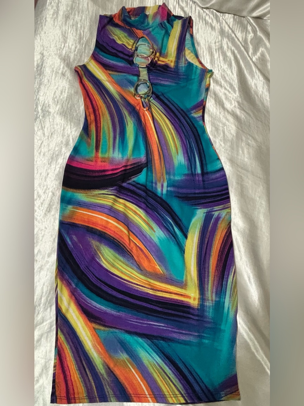 XL-Fashion Nova Teal Purple Orange Multicolor Ring-Detail Midi Dress